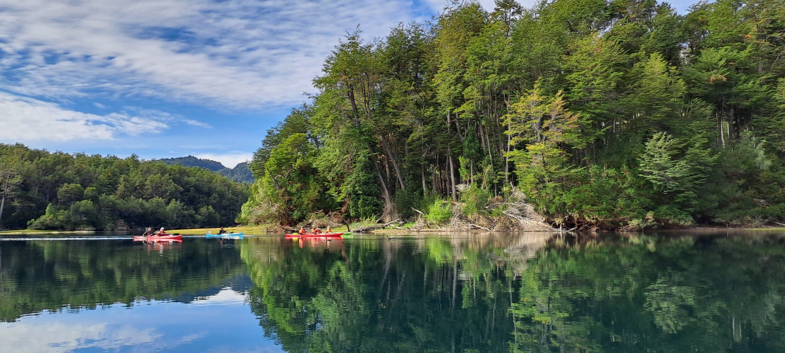 Grupo navegando en kayak por el Lago Futalaufquen durante una excursión guiada en el Parque Nacional Los Alerces - Fjord Patagonia